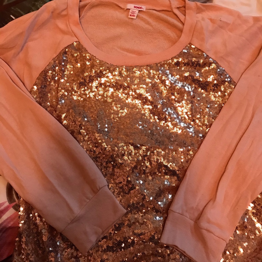 Bongo pink sequined crew neck sweatshirt.